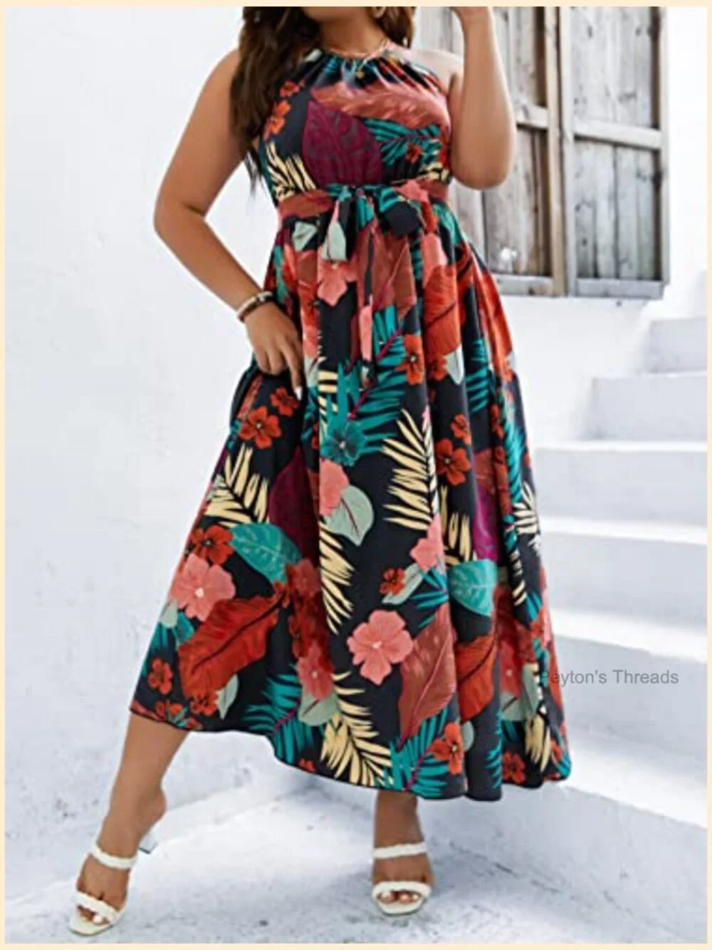 Women's Plus Size Boho Sleeveless Halter Neck Tie Back A Line Maxi Dress - Picture 4 of 5